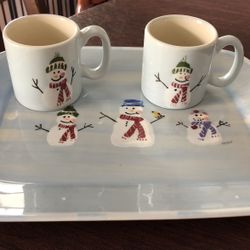 Hartstone Snowman Pottery “Snow People” Platter & Miniature Mugs-NWT
