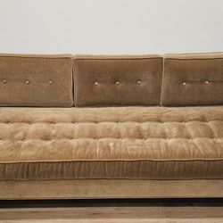 Mid Century Tufted Sofa Beige Gold Solid Wood Frame Vintage