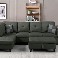 Brand New Sectional Sofa With Ottoman Storage | Black - Grey - Brown - Green