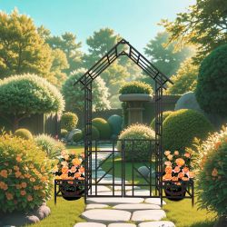 Metal Garden Arch with Gate with planter W80.71*H97.24 Climbing Plants Support Rose Arch Outdoor Black