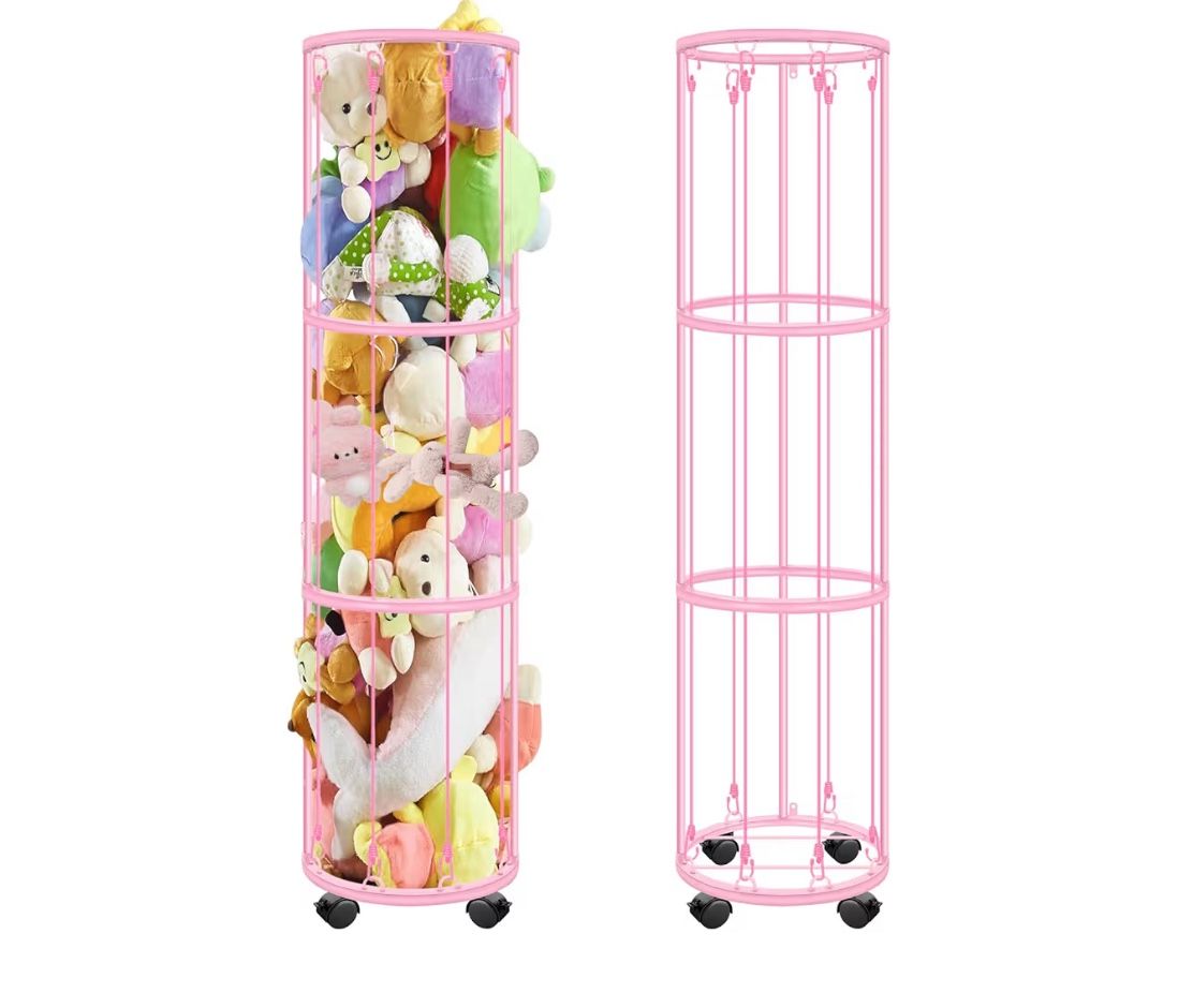 Stuffed Animal Storage with Wheels, 3 Layer Vertical Metal Toy Storage with Elastic Cords, Toy Organizer Wall Mount, Plushies Storage Holder Zoo Toy C