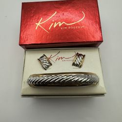 1014-PTT Vintage Kim Rogers Gold/ Silver Tone Bangle Bracelet & Earring  Set NWT