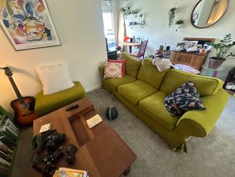 Chartreuse Velvet Green Three-Cushion Sofa and Ottoman
