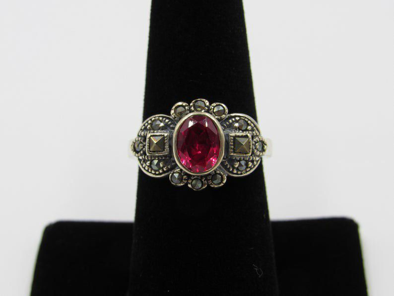 Vintage Size 7.25 Sterling Silver Rustic Ruby & Marcasite Band Ring Wedding Engagement Anniversary Cute Elegant Statement Everyday Special