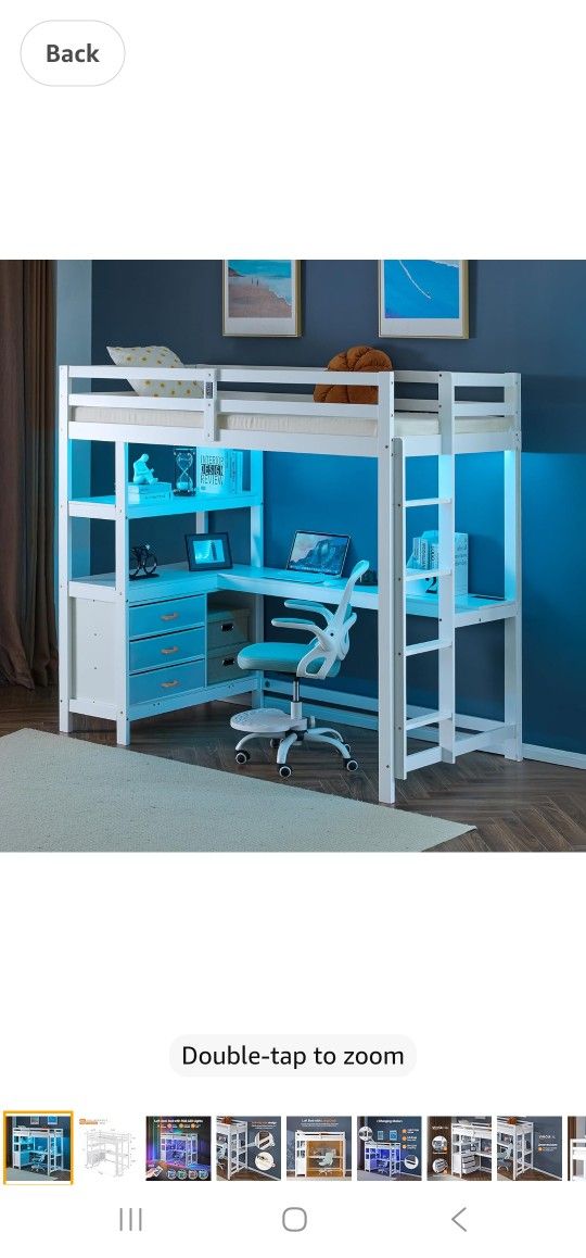 VINGLI Twin Loft Bed with L-Shaped Desk and 3 Storage Drawers, Solid Wood Single Bunk Gamer Bed with RGB LED Light Underneath,2 Charging Stations,