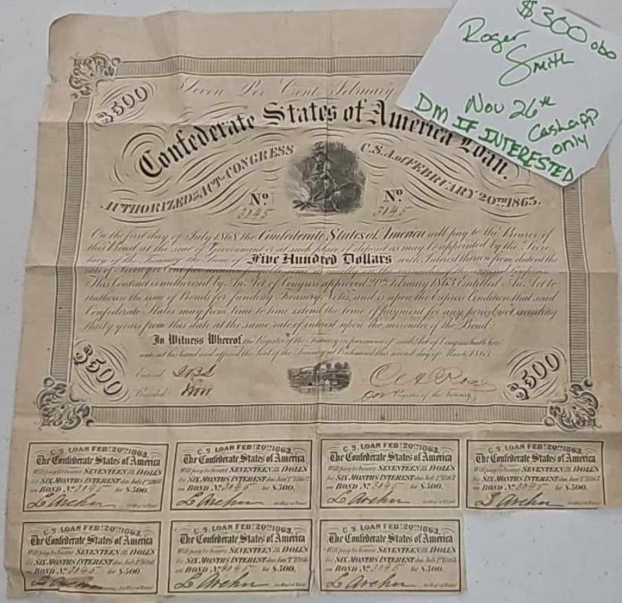 $500 Confederate Bonds 1863