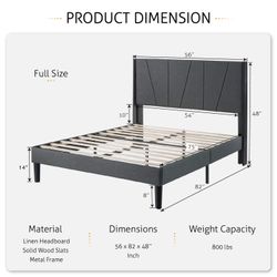 Upholstered Linen Platform Bed Frame with Geometric Wingback Headboard, Mattress Foundation，full, dark grey 