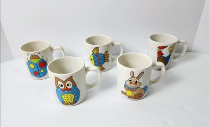 Vintage Otagiri Ceramic Mug Set - Patchwork Animal Folk Art Owl, Bunny, Rooster