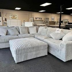 AP🎊$49 Down Payment For Financing👉 Stupendous Fluffy Corduroy Light Gray Sectional Couch 
