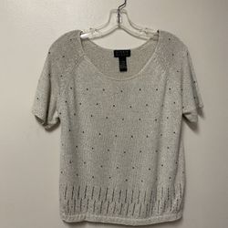 Women’s SIGRID OLSEN Rayon/Nylon, Light Beige, Short Sleeve, Pullover, Beaded Sweater Top… Size Large