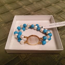 jewelry/ turq/mop/freshwater pearls stretch bracelet