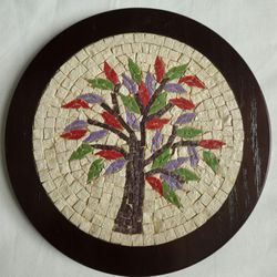 Vtg Mosaic Tree Of Life On Wood Wall Decor 7.5" in Diameter Marble/Stone