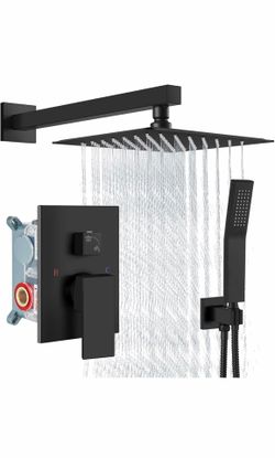 Shower Faucet Set Rain Shower System with Handheld Spray Bathroom Shower Combo Rough-in Valve and Shower Trim Kit Included Matte Black 8 Inch Wall Mou