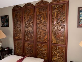 Vintage Four Panel Carved Chinese Teakwood screen