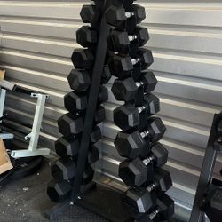 pair of 5,10,15,20,25,30,35,40,45,50lb rubber dumbbells and rack