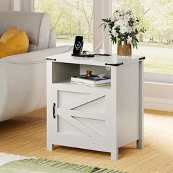White farmhouse style nightstand with charging station