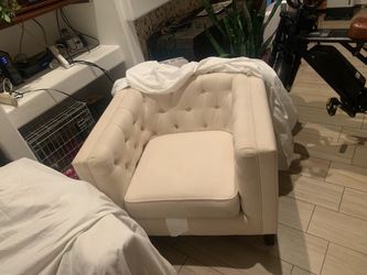 Tufted Club Chairs with Matching Ottomans, Wood Side Tables, and Wood Coffee Table