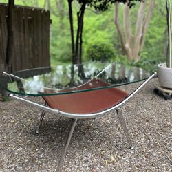 Mid Century Modern style Chrome & Glass Coffee Table w/ Leather Sling | Low Profile Accent Table