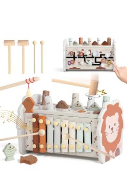 Wooden Montessori Toys for 1 Year Old 4 in 1 Toddler Learning Toys with Number Maze, Pounding Bench, Xylophone, Fishing Game Baby Sensory Toys — Chris