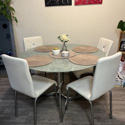 Modern Round Glass Dining Table Set – Silver Base with 4 White Chairs 