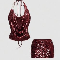 ROMWE Burgundy sequin top and skirt set