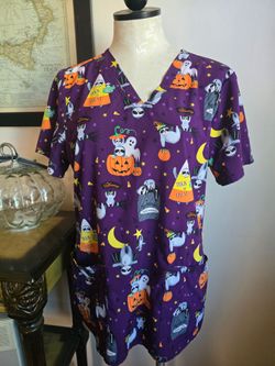 Halloween Sloth Print Scrub Top