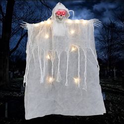 35In Hanging Skeleton Specter Realistic Skeleton Ghost, Glowing Eyes and Body, White Draped Fabric Hanging Decor for Door, Porch, Yard and Haunted Hou
