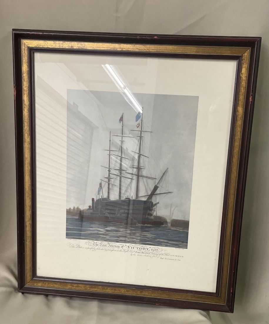 SHIP SAILING ART FRAMED Last Journey Victory 1922 W L Wyllie LITHO PRINT ANTIQUE 23"x 27"