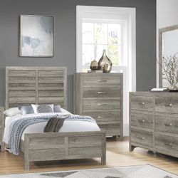 4 PIECE TWIN SIZE BEDROOM SET BED DRESSER NIGHT STAND MIRROR WEATHERED GRAY