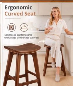 24” Walnut Wood Counter Height Bar Stools – Solid Wood Saddle Seat