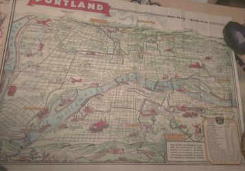 Vintage map of Portland Oregon with 4 pushpins, but in ok condition
