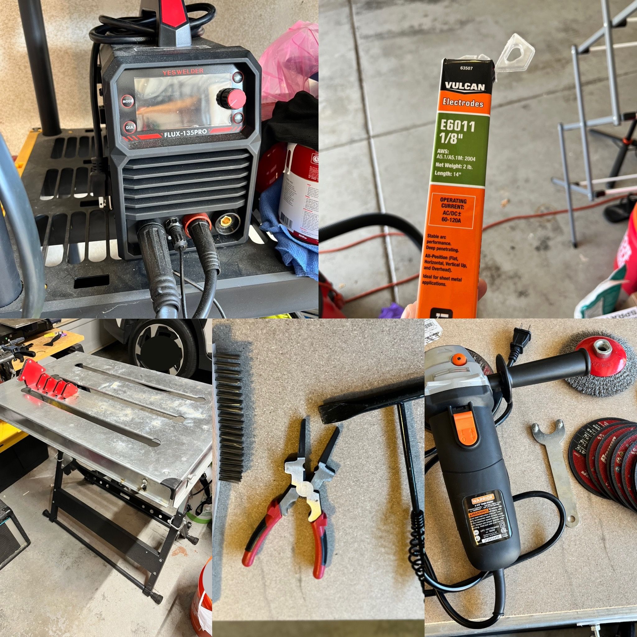 YesWelder 135 Pro, Angle Grinder, Table & Tools