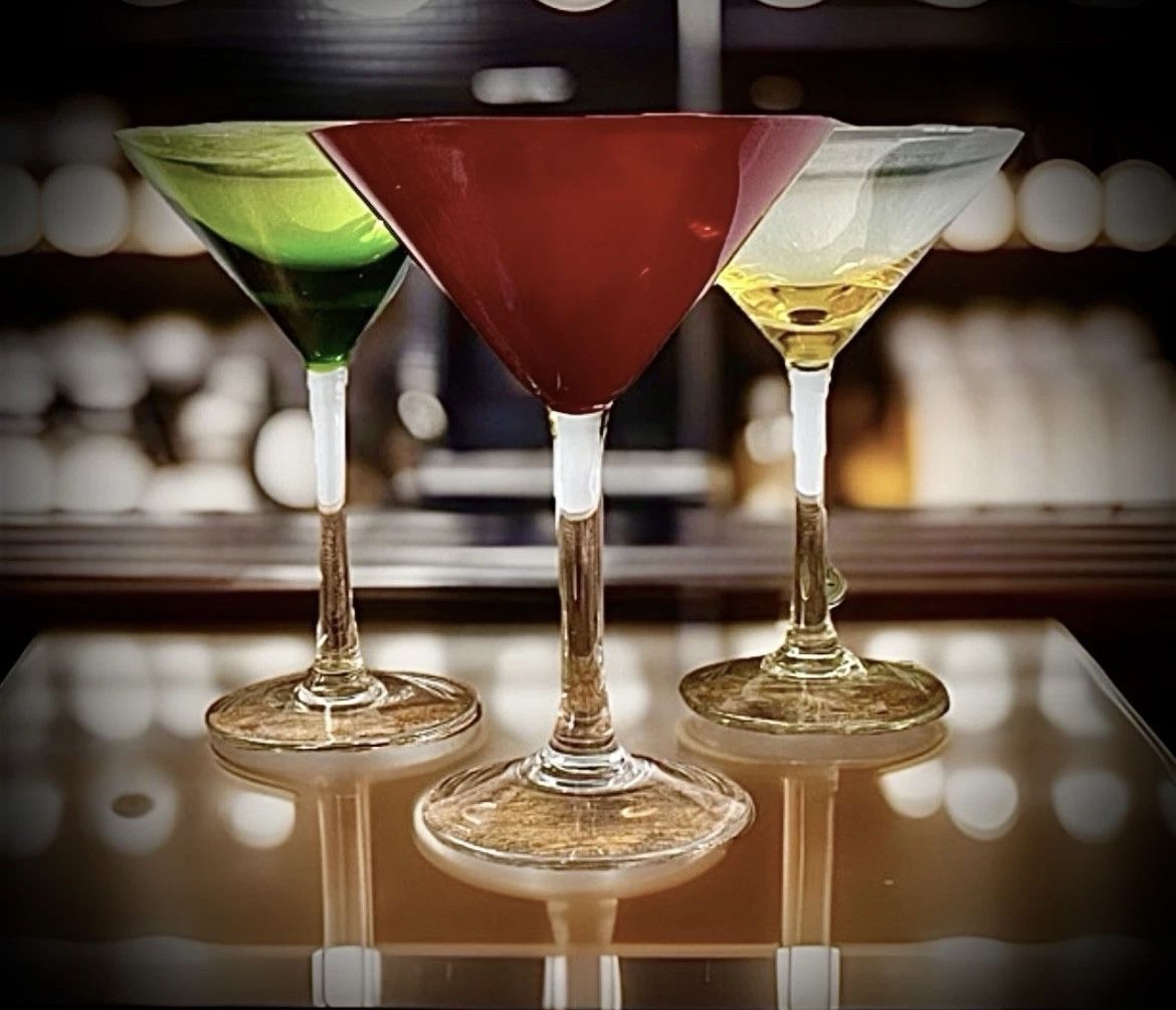 Set of 3 Colored Martini Glasses, Red, Green, Yellow