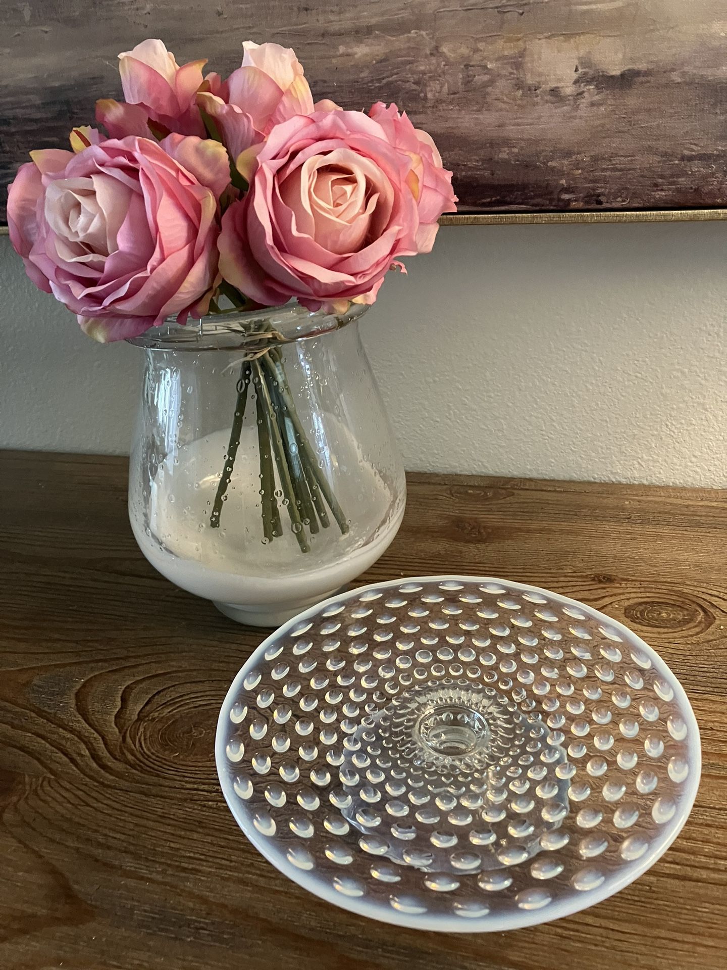 Moon Glass Dessert Stand & Heavy Art Glass Vase Removable Pink Roses Home Decor Excellent Condition