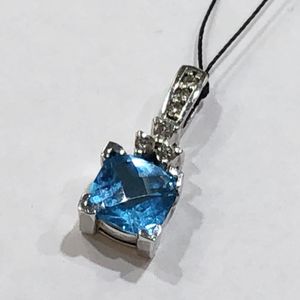 Photo 14K White Gold Woman's Stud Pendant Light Blue Cushion Cut Blue Stone and approx. 0.14cttw Diamonds **Great Buy** I-2676