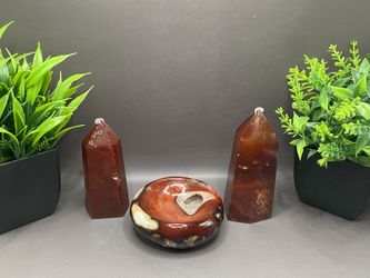 Carnelian Bundle Hand Carved Bowl 225 G 4.6“ X 4.3“, Tower 193 G 5.5 Inches, Tower 159 G 5“