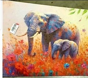 Funny Elephant Canvas Wall Art Colorful Flowers, 16”x24”