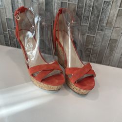 Nine West Orange Coral Leather Suede Cork Wedge Ankle Strap Size 9