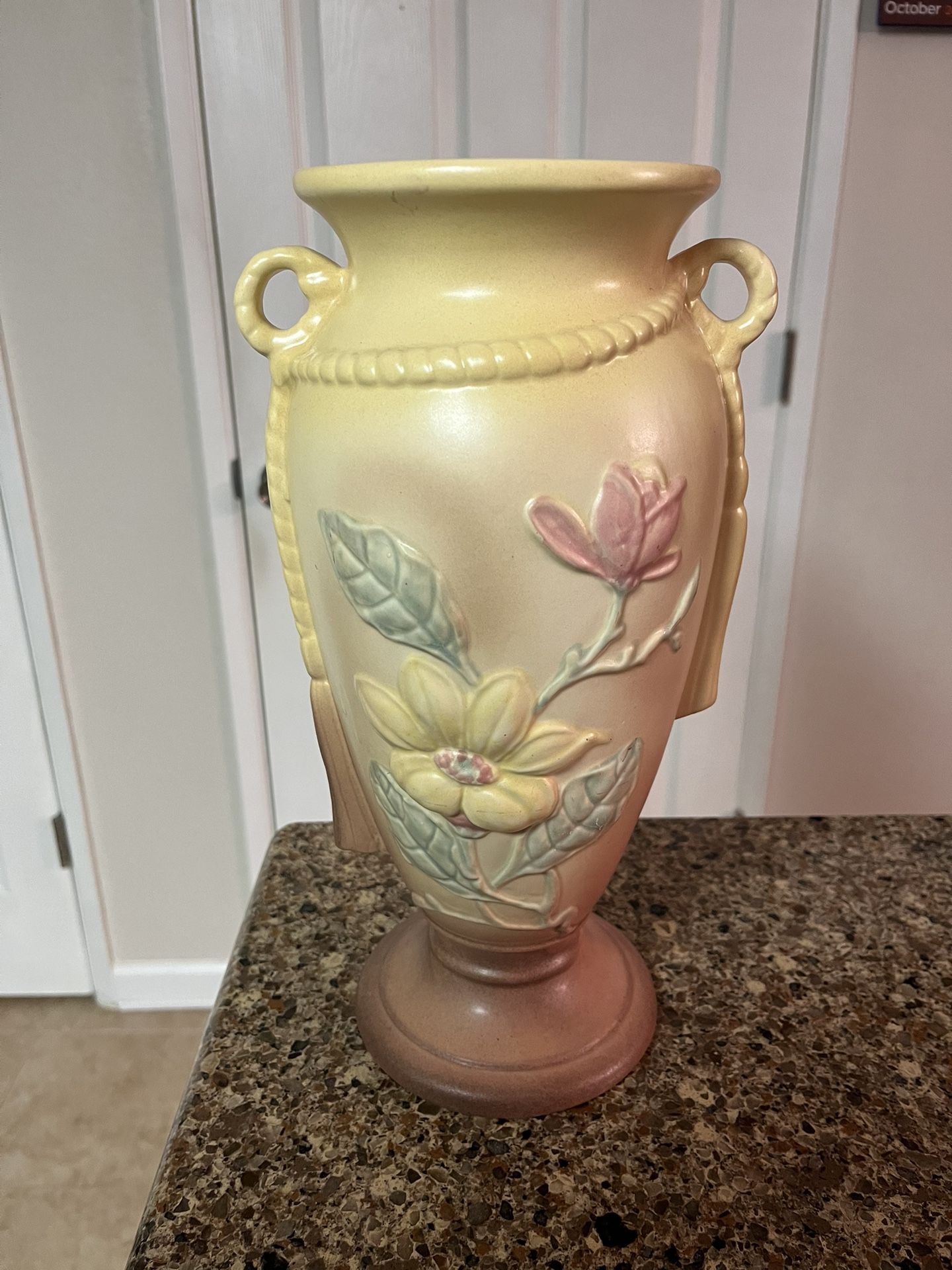 vintage hull art pottery vase soft ivory white color with pale pink flowers