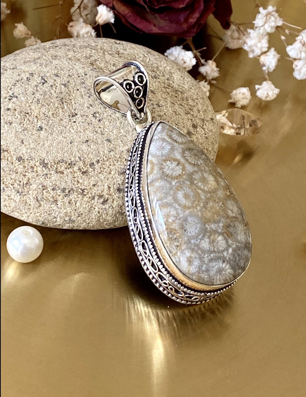 Fossil Coral 925 Sterling Silver Overlay Antique Style Pendant