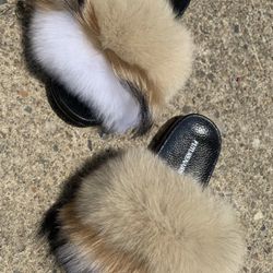 Nude And White Real Fur Custom Slides Size 8-8.5