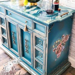 Blue Hand painted Vintage Buffet Dresser