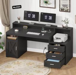 65'' Home Office Desk with Power Outlets, Storage Cabinet and Printer Stand, Study Writing Desks with Long Monitor Stand,Black