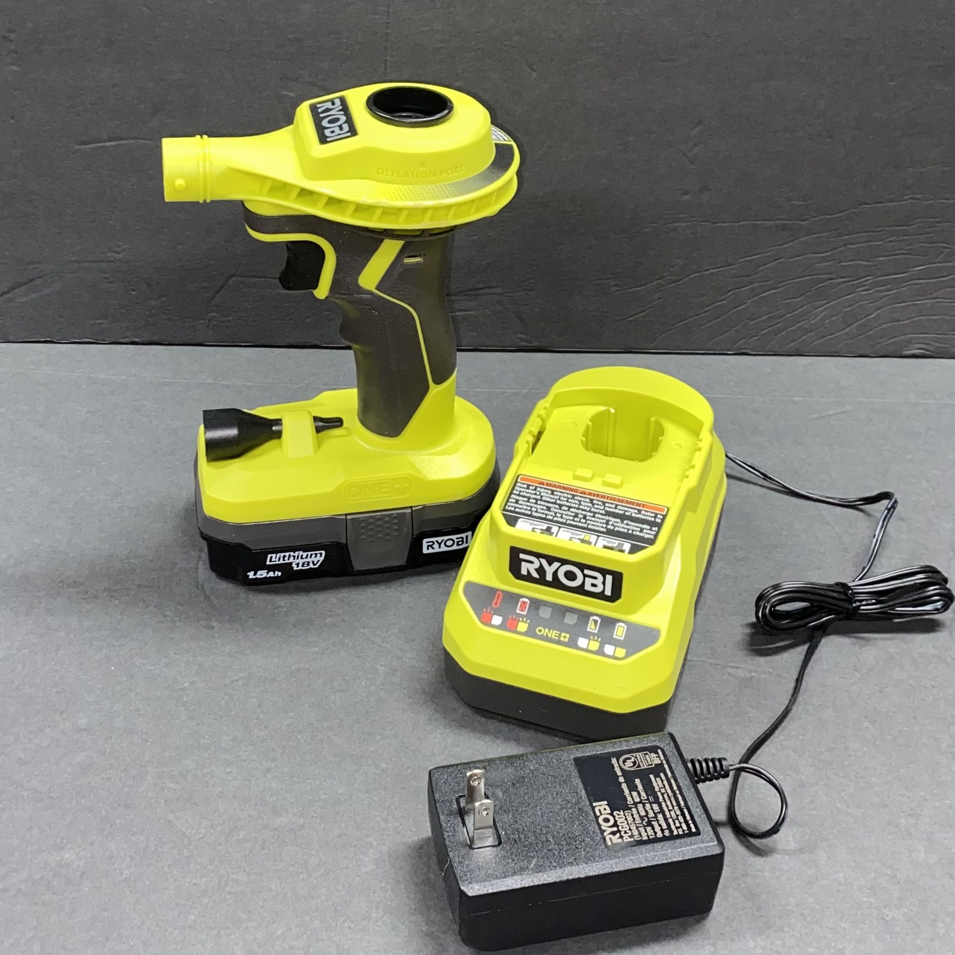 RYOBI ONE+ 18V Cordless High Volume Power Inflator and 1.5 Ah Compact Battery and Charger Starter Kit