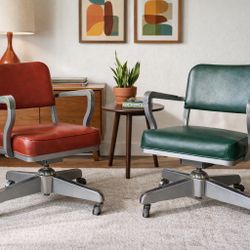 “Vintage MCM 1950s Steelcase Tanker Chairs Pair Mid-Century Industrial Swivel Office Armchairs