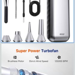 Compressed Air Duster-125,000 RPM Cordless Electric Air Duster, Rechargeable Super Power Air Blower with 3-Gear Turbo Fan, Air Blower for PC, Keyboard