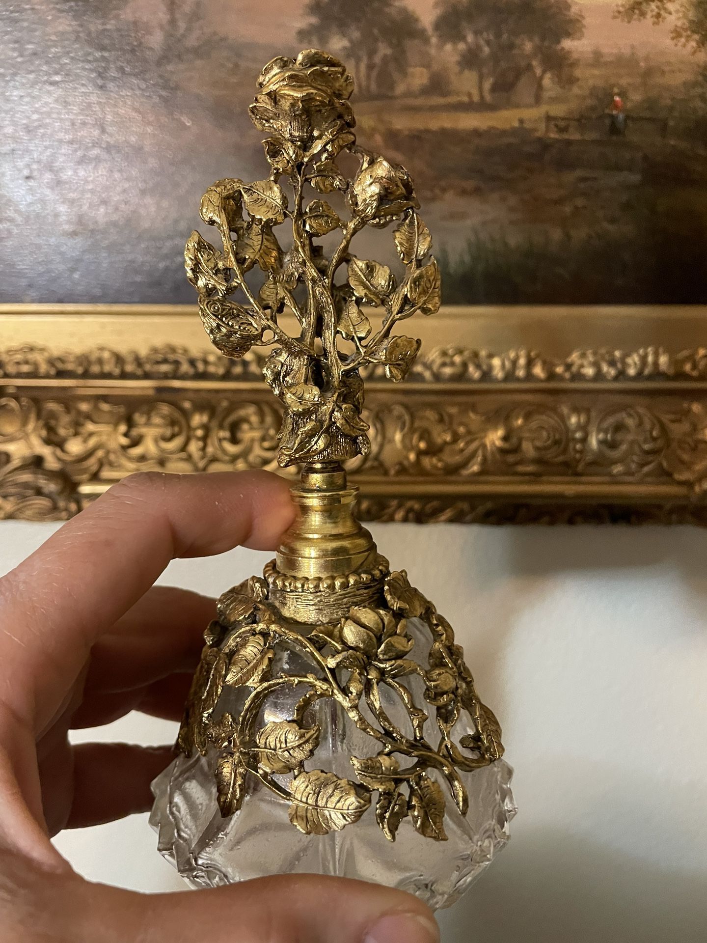 Antique Style built Glass & Gold Tone Gilt Metal Rose Flower Perfume Bottle