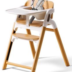 Momcozy DinerPal Wooden High Chair for Babies, Toddlers & Adults Up to 308 Lbs, Convertible Baby Highchair with Food-Grade Tray, Dishwasher-Safe, Adju