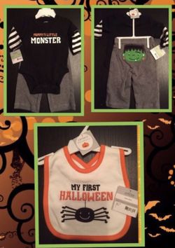BNWT, 3 mo Carters long sleeved-onsie with pants & brand new bib.