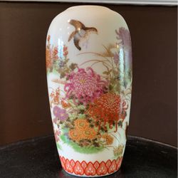Shibata Japanese Vase w/ Chrysanthemum Flowers & Quails  Hand Painted